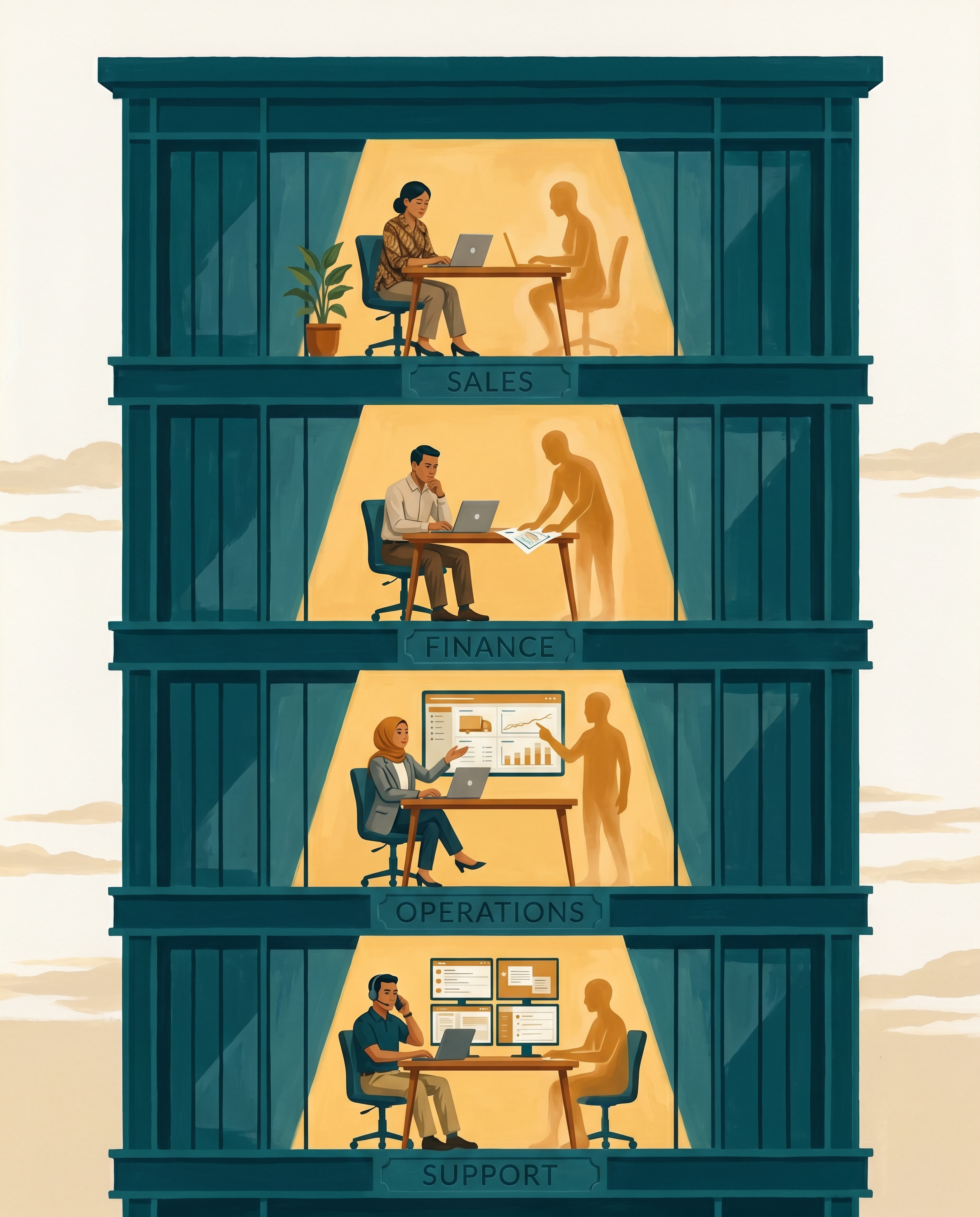 Cross-section illustration: AI agents working alongside operators across departments of a Jakarta office tower